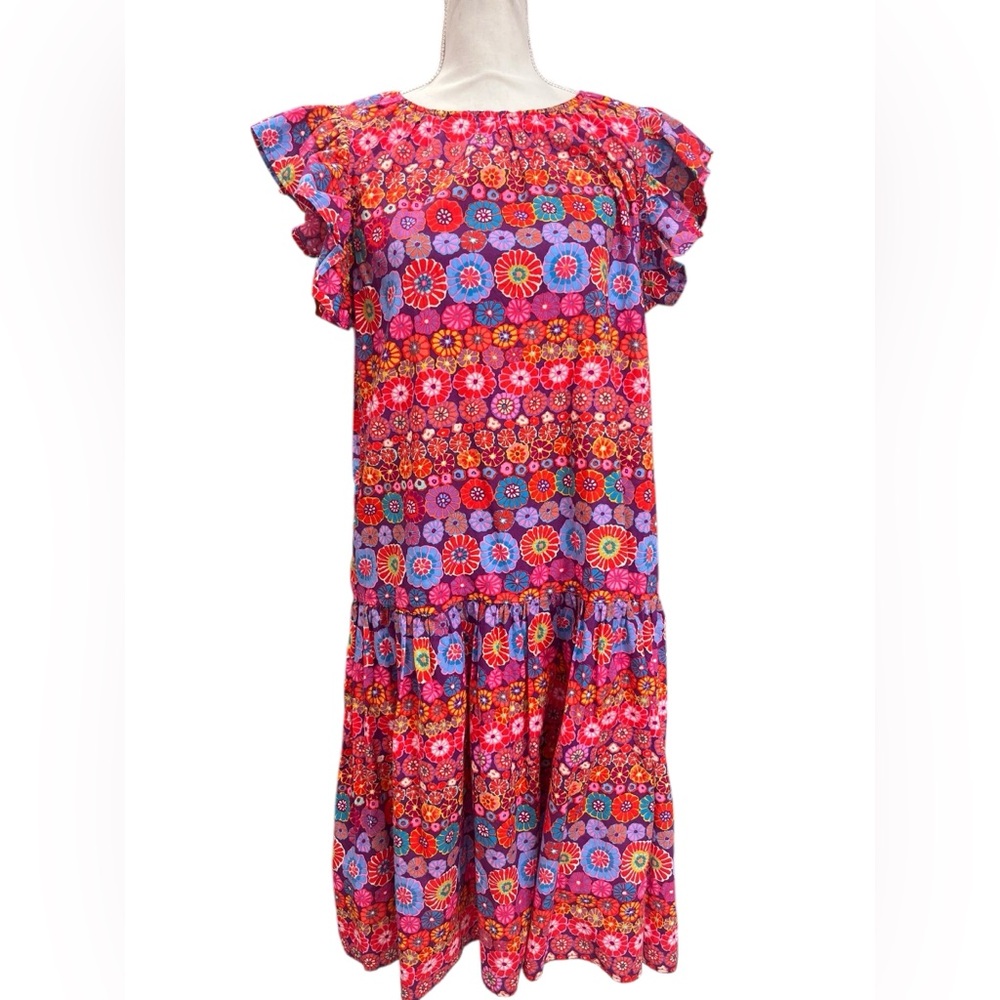 Pinch Boho Floral Midi Dress L Cotton Tiered Ruffle Sleeve Pockets - Picture 2 of 10